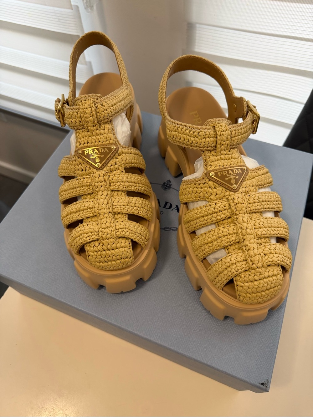 Prada Monolith Crochet Cage Sandals